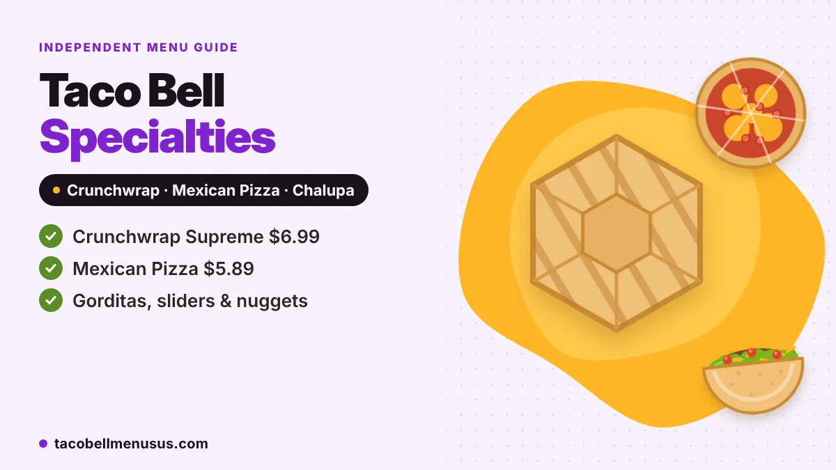 Taco Bell specialties menu with Crunchwrap Supreme and Mexican Pizza prices
